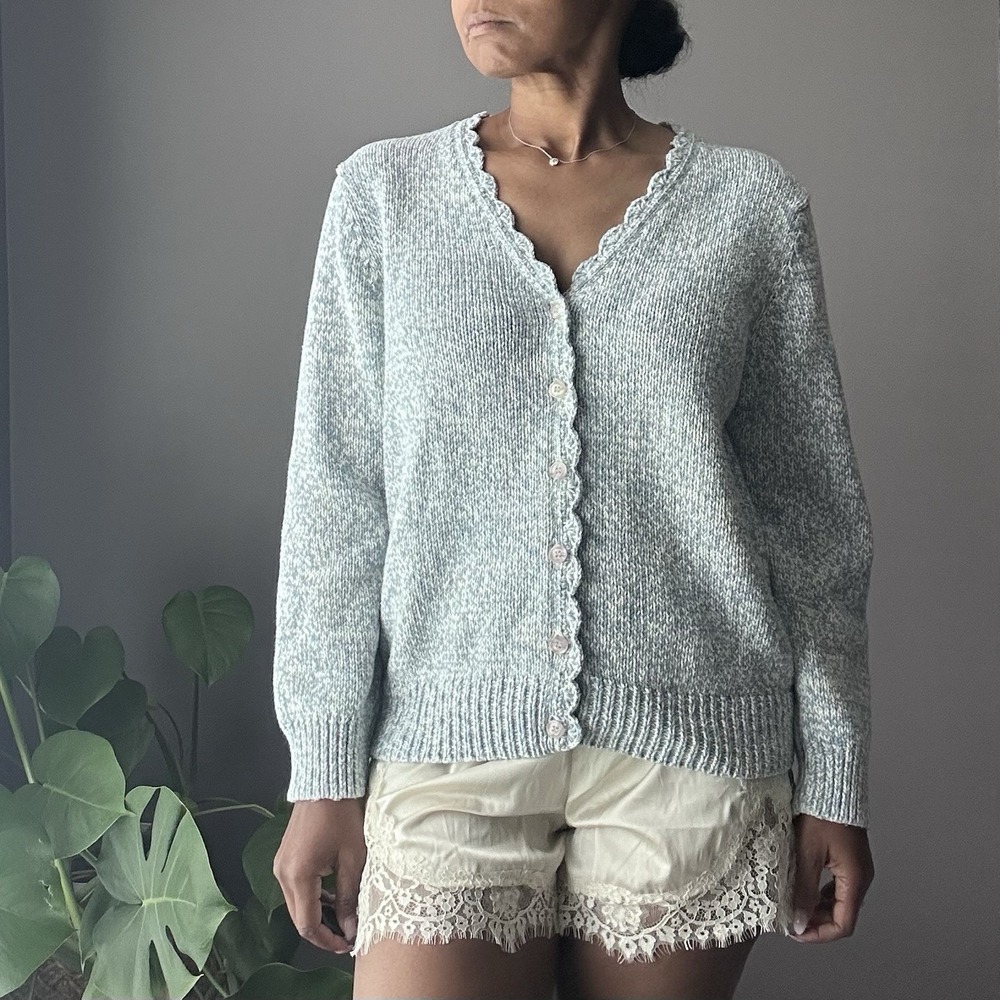 Vintage Leon Levin Cardigan Sweater Size XL Pastel Blue Cotton Scalloped Edge